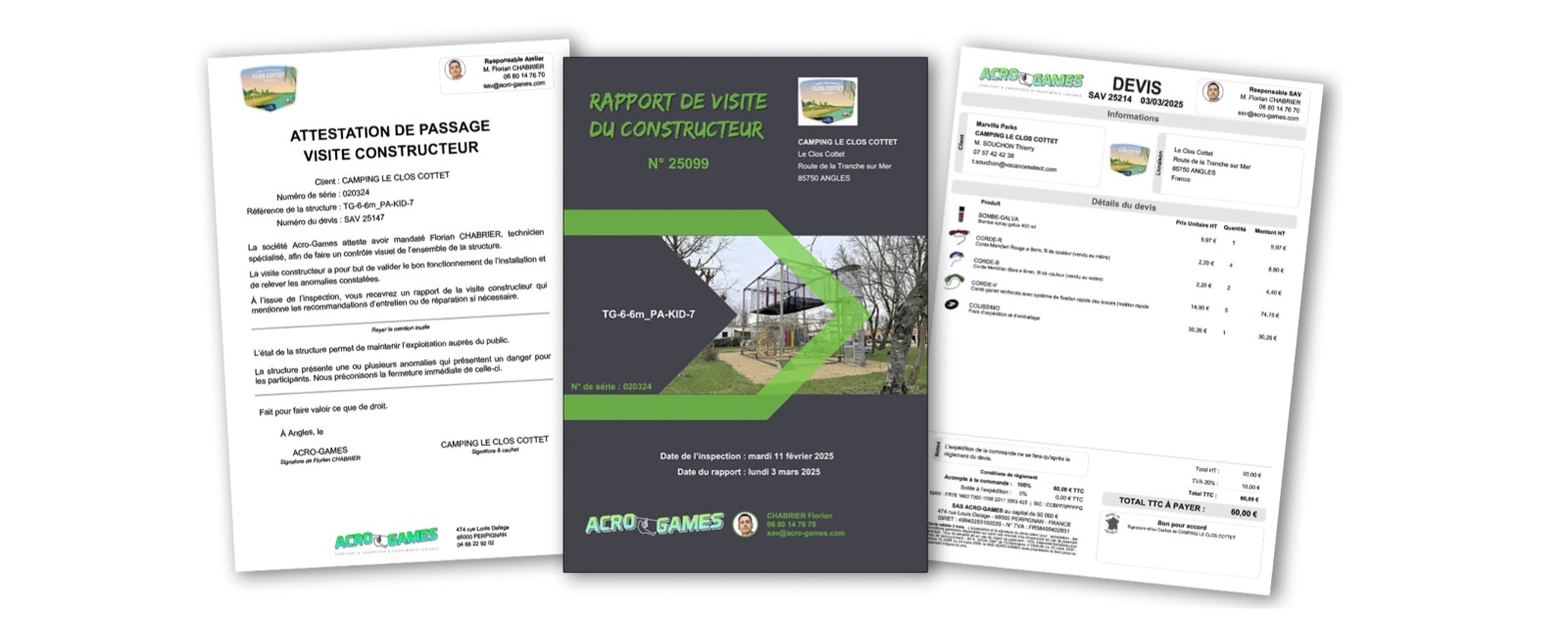 Attestation, rapport de visite et devis Acro-Games