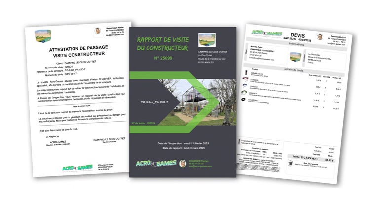 Attestation, rapport de visite et devis Acro-Games